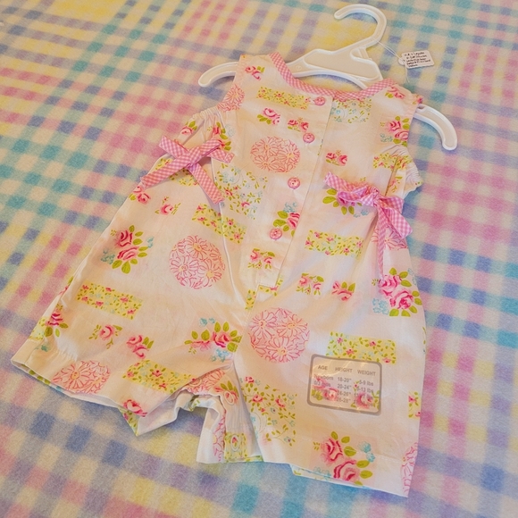 KRU LAYETTE 💐 Sweet Little Pink 'n Green Floral Sleeveless Romper w/Bows  0-3M - Picture 5 of 16